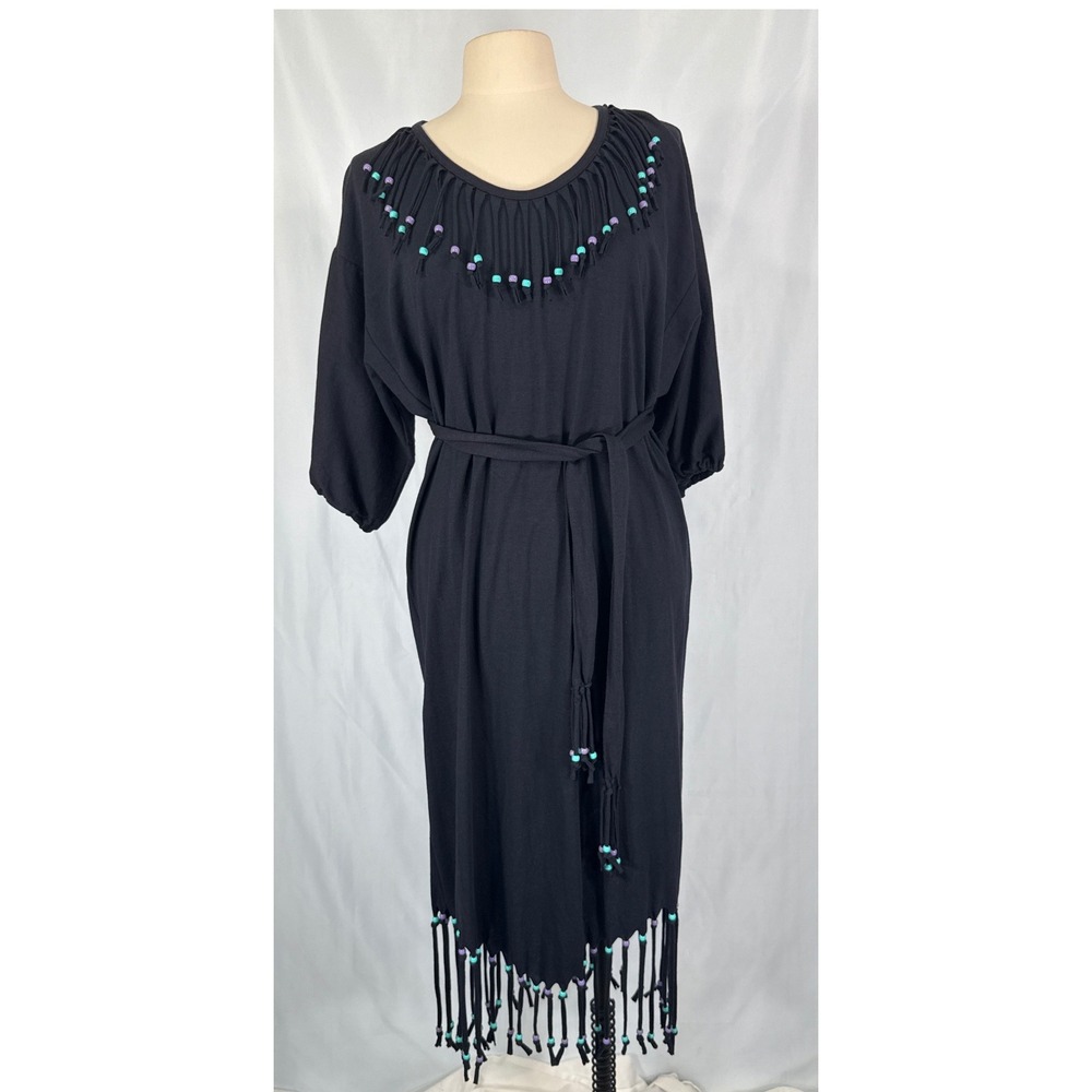 Vintage Patricia's Unusuals Black Beaded Fringe Southwest Midi T-shirt Dress Med